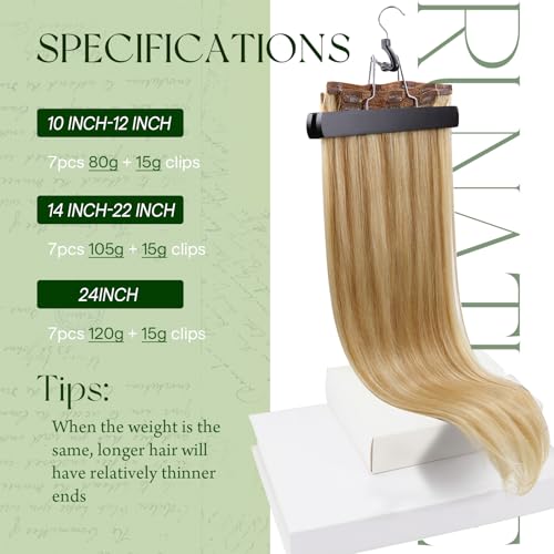 RUNATURE Clip in Extensions Natural Dark Blonde with Light Blonde Straight Hair Extension with Clip in Extensions Natural Hair with Clips 20 Inch/50 cm 7 Pieces 120g #16P24