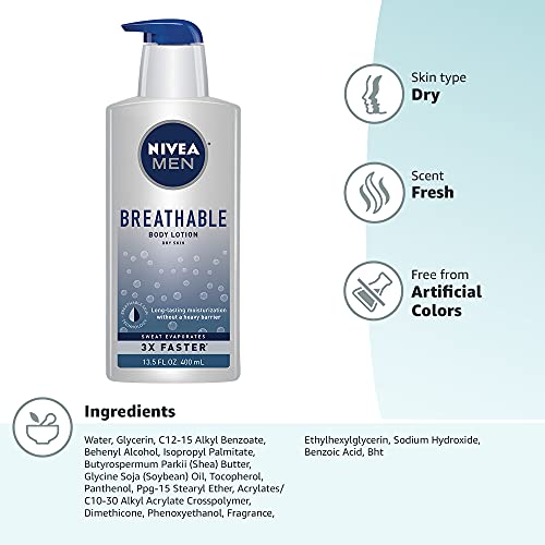 NIVEA MEN BREATHABLE BODY LOTION, 48 HOUR HYDRATING LOTION FOR MEN, 13.5 FL OZ BOTTLE