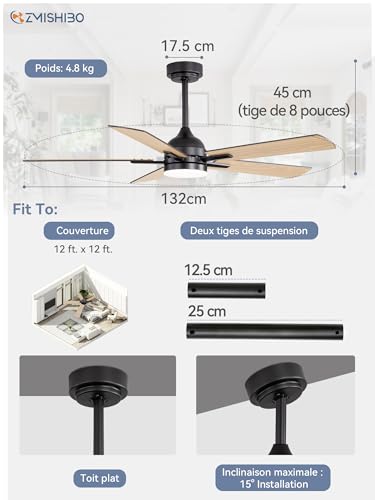 ZMISHIBO Ceiling Fan with Light Ø132 cm, Energy Efficient DC Motor, 6 Speed, 3 Color Temperatures (3000K/4000K/6000K), Modern Design, Ceiling Fan with Remote Control