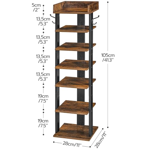 HOOBRO Vertical Shoe Racks for Entryway, 7 Tier Narrow Shoe Shelf with Hooks, Tall Shoe Organizer for Hallway, Bedroom, Stackable Shoe Stand for Samll Space, Adjustable Height, Rustic Brown EBF61XJ01