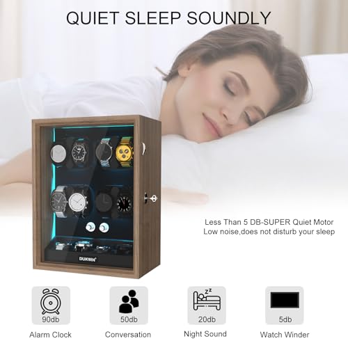 DUKWIN Watch Winder for 4/6/8/12 Automatic Watches, Lockable Automatic Winders with Extra 4/6 Watch Storages, 4 Rotation Modes, Quiet Mabuchi Motor, Sfot Watch Pillows and Blue Backlight