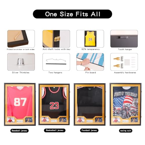 Homodoskey Jersey Frame Display Case, Large Clear Acrylic Shadow Box with UV Protection for Basketball Football Hockey shirts, Wall Mount Wooden Showcase for Sports fans (Golden)