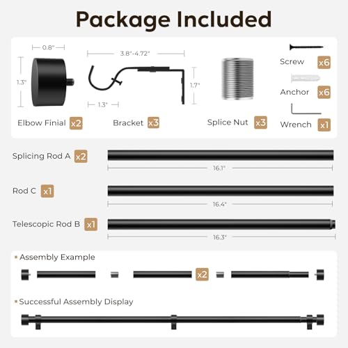 Zeerobee Curtain Rods for Windows 32 to 72, 1 Inch Black Heavy Duty Drapery Rods with Adjustable Length, Outdoor Modern Curtain Pole with Simple End Caps, 32"-72", Black