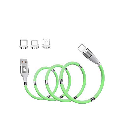 JJA 3 in 1 Magnetic Charging Cable, Multi 360 ° Rotating Magnetic Charger Cable Protective with Silicone Tubing USB Cable QC 2.4A Fast Charger for Micro USB/Type C/Phone (Green, 1M/3FT)