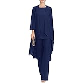 Zongqiven Chiffon Mother of The Bride Pant Suits Wedding 3Pcs Formal Outfit Set Evening Gown for Women