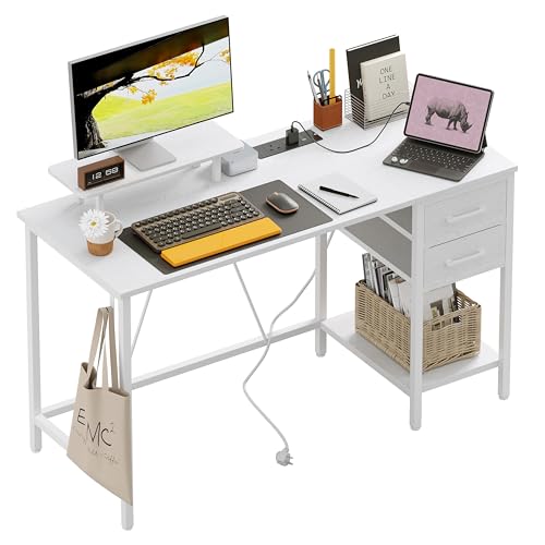 Xyphren 100cm Computer Desk with Drawers & Power Outlets, Office Desk with Storage Monitor Stand, Reversible Small Desks for Home Office Bedroom, White