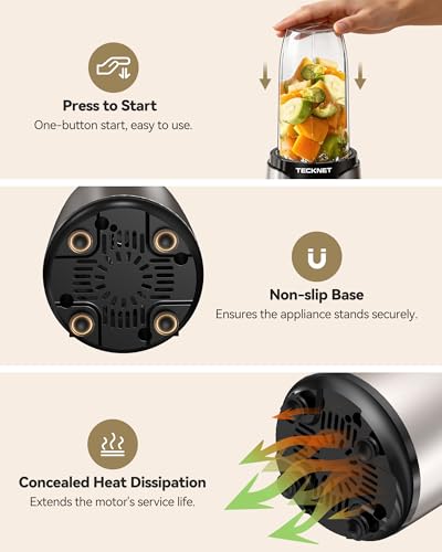 TECKNET Personal Blender Smoothie Maker, 1000W Powerful 25,000PRM, Blends Fruit & Vegetables, 2x600ml Portable Travel Cups with Spout Lids & Handled Ring, Makes Smoothies & Juice, Grey