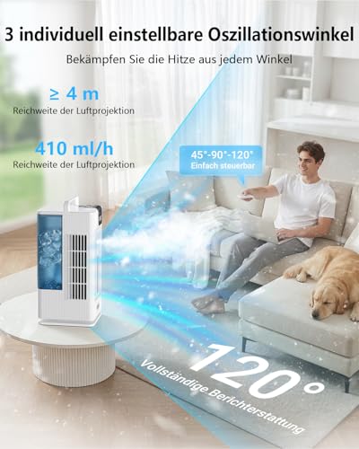 Aiorber Mobile Air Conditioning Mini Air Cooler: Fan with Water Cooling 2000 ml Water Tank 120° Oscillation, 4 Wind Levels, LED, Timer Remote Control Air Conditioner without Exhaust Hose for Home and