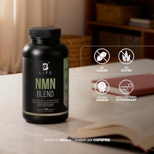 NMN Blend. Precursor de NAD. 180 Cápsulas. 1000 mg por Porción. Trans-Resveratrol, Vitamina C, Citrato de Magnesio y Vitamina B3. NMN Blend B Life.