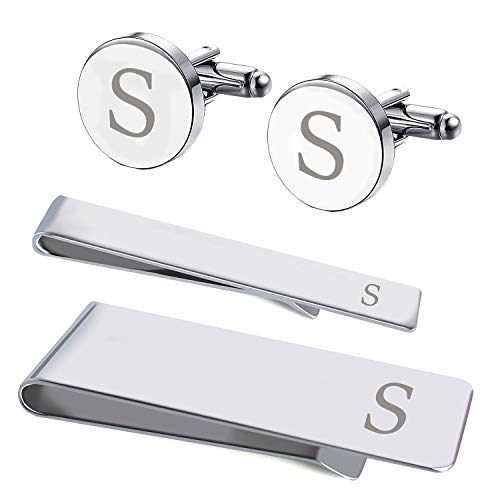 BodyJ4You4PC Cufflinks, Tie Bar, Money Clip - Initial A-Z Engraving Alphabet Letter - Mirror Polished Steel Jewelry Set - Men's Cuff Links Shirt Suit - Fathers Day Wedding Groom Gift Box