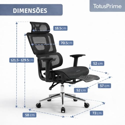 Cadeira Escritório Ergonômica Presidente XXL 200kg com Apoio para Pés Retrátil, Encosto Mesh Respirável, Apoio de Cabeça, Braços Ajustáveis, Reclinável e Base Cromada Premium Home Office (Preta)