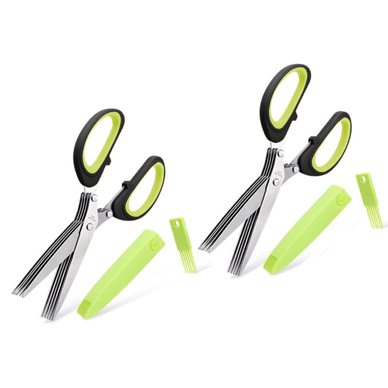 2Pack Herb Scissors Stainless Steel Kitchen Scissors 5 Blades, Spice Scissors Chive Scissors Vegetable Scissors with Safety Cover and Cleaning Comb, Kitchen Herb Scissors for Herbs, Chives