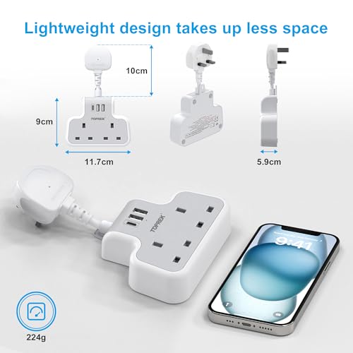 TOPREK Multi Plug Adaptor with USB C, Double Plug Adapter UK, 5cm Short Extension Lead、Compact Wall-Mounted Adapter UK for Home, Office, Kitchen