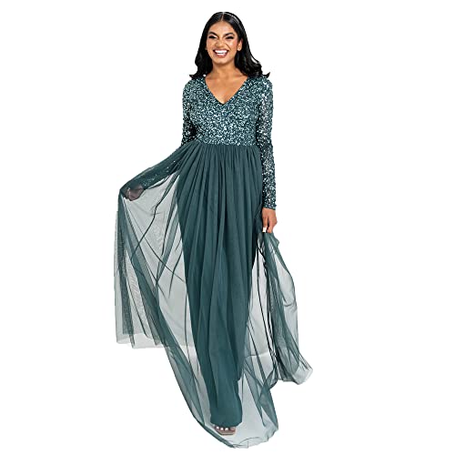 Maya Deluxe Womens Ladies Dress Long Sleeve for Wedding Guest V Neck High Empire Waist Maxi Long Length Evening Bridesmaid Prom, Vestido Mujer, Emerald Green, 12