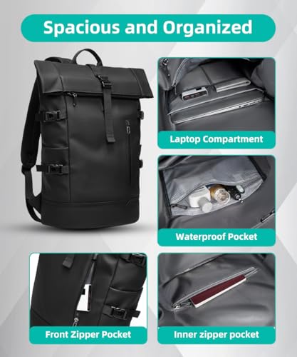 GYakeog Rolltop Backpack Waterproof for Men and Women 33L Large Bicycle Backpack 15 Inch Laptop Backpack Lightweight Perfect for Work School Travel and Outdoor Activities Black