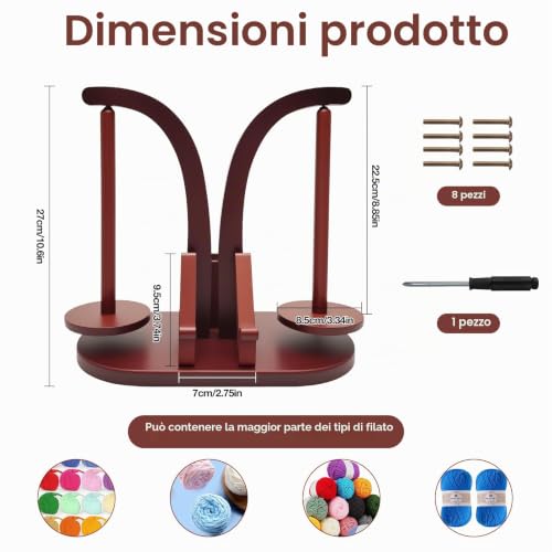 Wooden Crochet Ball Holder, Double Rod Wool Unwinder, Magnetic Wool Reel Holder with Storage Box for Knitting Accessories and Mobile Phone Holder (Retro Colour)