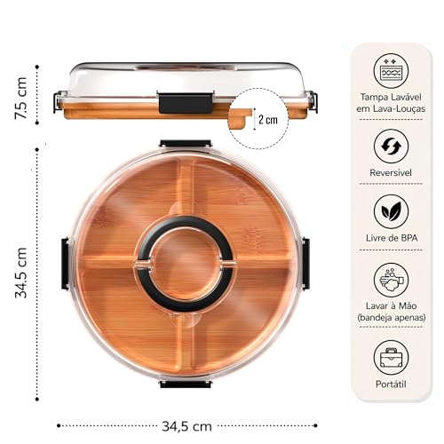 Petisqueira Redonda com Tampa e Travas 30 cm, Bandeja com 5 Divisórias de Acrílico, Porta Petiscos, Organizador para Frios, Snacks e Aperitivos, Cores Branco e Preto (Preto, Redondo)