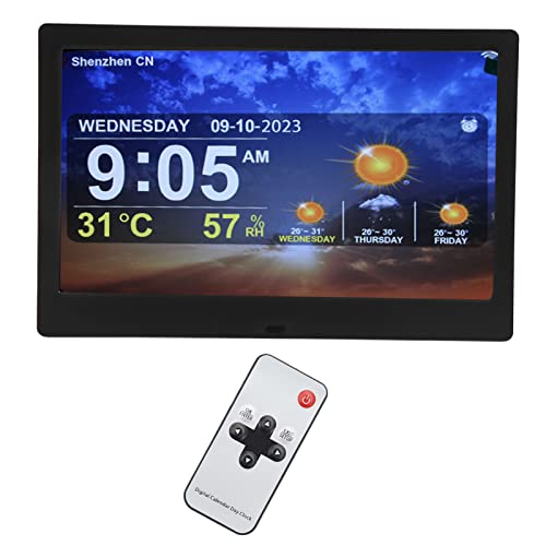 Goshyda Digital Calendar Alarm Day Clock, 10in Dementia Clocks Weather Station with 5 Sets Alarm Reminders and Auto Dimmable, for Memory Loss, Alzheimer, with Remote, Black (UK Plug)