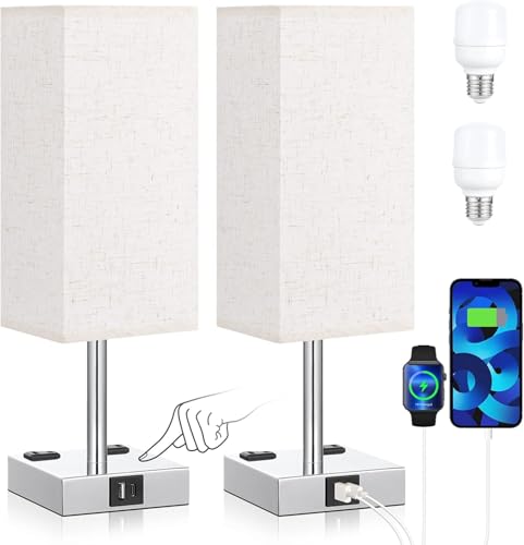 Sunsign Lámparas de Mesa táctil para 2 piezas, 3 Niveles de Brillo, lampara de noche con 2 Puertos USB (A+C) y 2 Salidas de CA, Lámpara de Lectura para habitación (bombilla incluida, blanco)