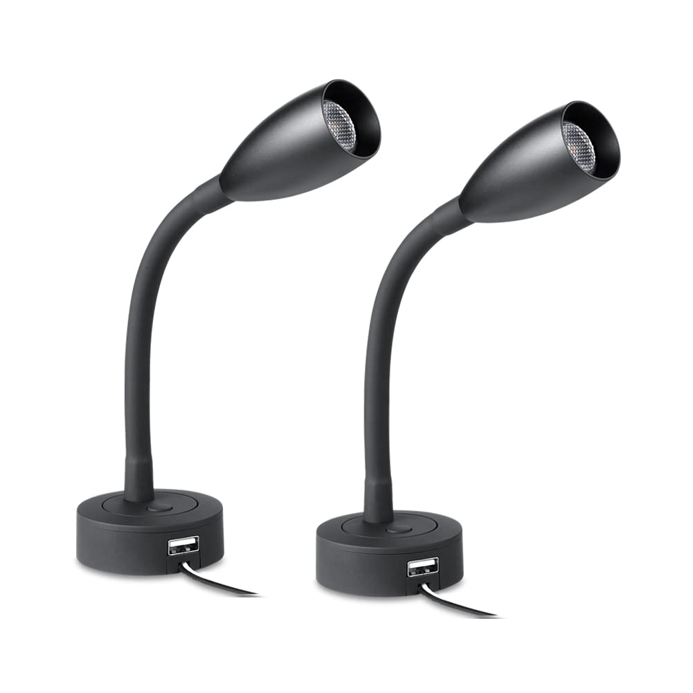 Obeaming 12V LED Dimmable Reading Light, Bedside Reading Lamp with USB Charger Flexible Gooseneck Wall Lamp for Camper Van Caravan Motorhome Truck Boat Interior Lighting, DC12V 24V 2Pack