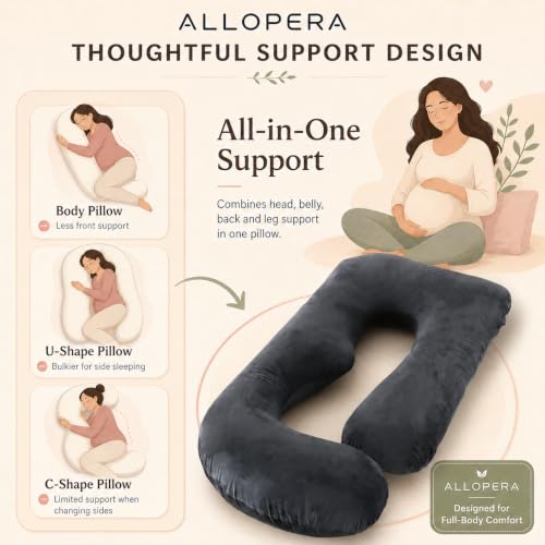 ALLOPERA Pregnancy Pillow, Full Body 57 Inch Maternity Pillow with Removable Washable Cover - Sleep Support for Legs, Back, Neck, Shoulder, HIPS, Belly for Pregnent Women, Velvet Cover (Black)