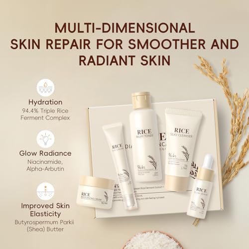 LAIKOU Rice Face Care, Pack of 5 Skin Care Women's Face Set, Travel Size Skincare with Facial Cleanser, Rice Toner, Eye Cream, Serum Moisturising Cream, for Daily Moisture & Care