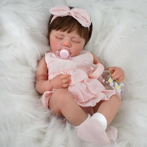 Brastoy Bebê Reborn Boneca Dormindo Corpo de Silicone Menina Original 48cm (Menina Rosa)