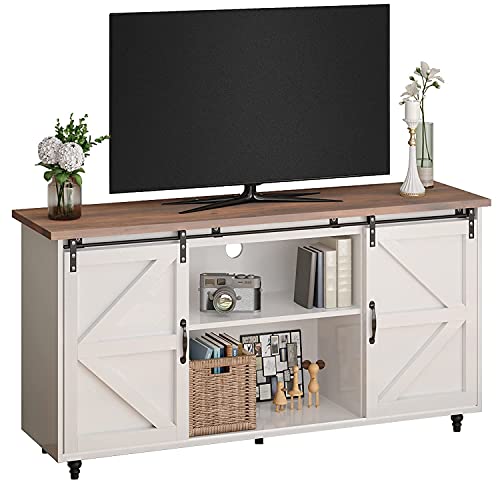 White Farmhouse TV Stand Sliding Barn Door, Modern Rustic Wood