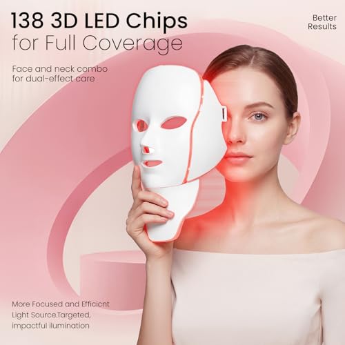 LED Face Neck Mask Light Therapy for Skin Care Anti Aging Wrinkles Acne Treatment,Red Blue Infrared 7 Colors Facial Rejuvenation Device 630nm Near Infrared,Home Use Beauty Device White