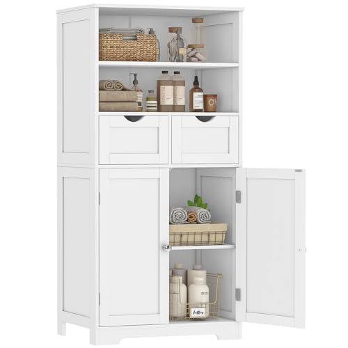 Bathroom Cabinet with 2 Drawers & 3 Adjustable Shelves, Bathroom Storage Cabinet, Cupboard for Living Room, Dining Room, Entryway, White