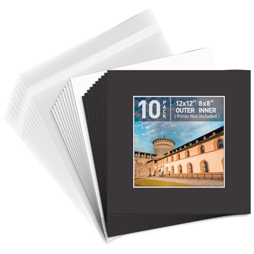 Golden State Art, Pack of 10, Pre-Cut 12x12 Black Picture Mat Kit for 8x8 Photo, 10 White Core Bevel Cut Mattes, 10 Backing Boards and 10 Clear Bags