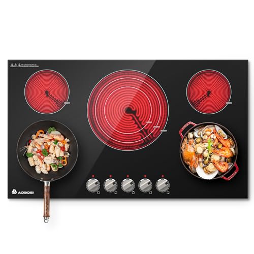 AAOBOSI 36 Inch Electric Cooktop 5 Burners, Upgraded 9000W Knob Control Built-in Ceramic Cooktop,Electric Stove Top,9 Heating Level, Chlid Lock Timer, ETC&FCC 220V~240V for Hard Wire(No Plug)