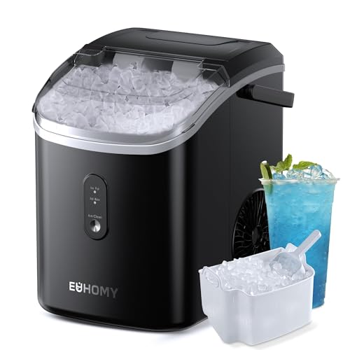 EUHOMY Eiswürfelmaschine, 15kg/24h, Herstellung in 6 Minuten, Crushed Ice Maker, Nuggets Ice, Automatische Reinigung, 120W Tisch-Eiswürfelmaschine, In