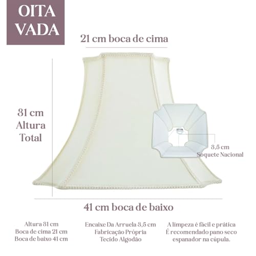 Cúpula de Abajur Grande Especial Estilo Oitavada 31cm x 21cm x 41cm Tecido Algodão Revestimento em Acetato Encaixe Nacional 3,5cm (Bege)