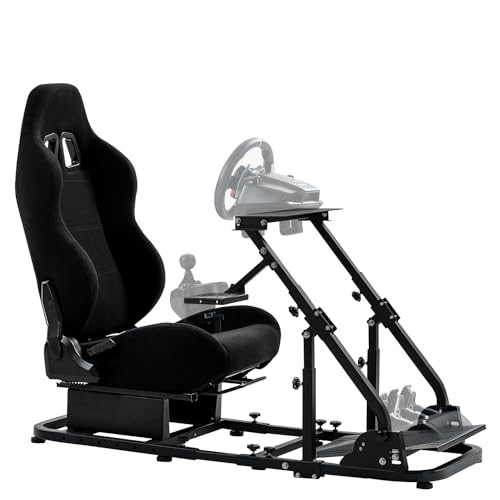 Supllueer Sim Racing Cockpit Black Racing Seat Wheel Stand with 2 Arms ...