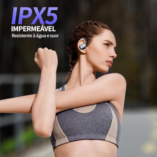 Fones de Ouvido Bluetooth Sem Fio, Esportivo c/ 80h de Reprodução com LED Display e com Gancho Anti Quedas, IPX7 à Prova d'Água, Graves Profundos, Compatível com iOS e Android - Esportes/Treino