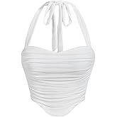 Milumia Women Ruched Halter Top Tie Backless Asymmetrical Hem Cropped Tank Tops
