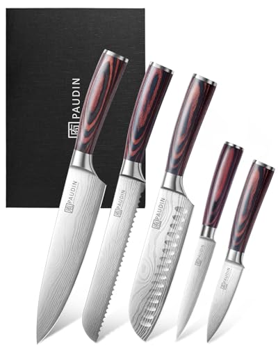 PAUDIN Juego de cuchillos de cocina sin bloque, juego de 5 cuchillos de cocina de acero inoxidable con mango Pakkawood, juegos de regalo profesional de cocina para amantes de la cocina y días más
