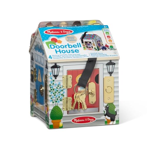 Melissa & Doug Take-Along Wooden Doorbell Dollhouse - Doorbell Sounds, Keys, 4 Poseable Wooden Dolls Portable Doll House, Doorbell House for Kids Ages 3+
