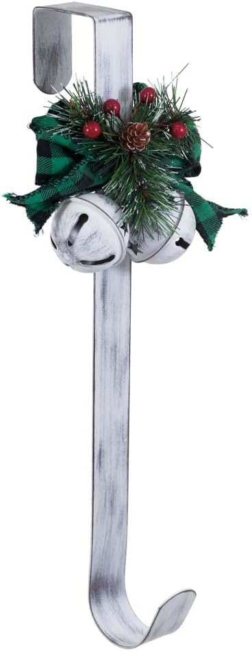 Wreath Hangers - Boston International Hanger for Front Metal Hook for Wreath Door Sign Christmas Winter Holiday Decorations Holder, 15-Inches, Rustic White with 2 Bells