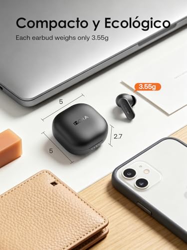 1 Hora Audífonos Bluetooth 5.4 Inalámbricos, Llamadas Claras, Drivers HiFi, Diseño Ergonómico Ultraligero 3.55g, 24H de Uso, Auriculares para iPhone, Samsung y Android, Negro