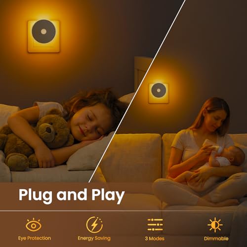 Children's Night Light 2 Pcs with Motion Sensor, Children's Night Light Adjustable Brightness Plug, 3 Modes (AUTO/ON/OFF), Night Light with Backlight for Children/Hallway/Bedroom- Amber