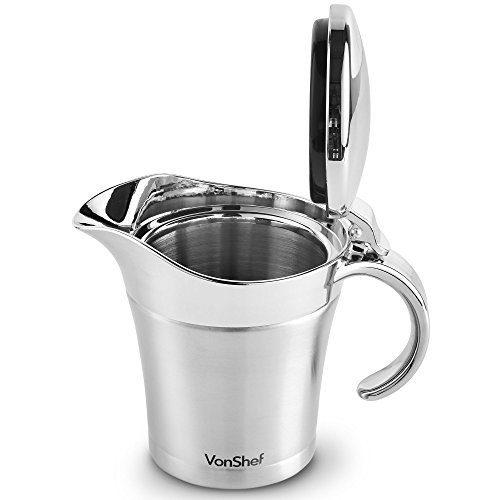 VonShef Double Wall Insulated Gravy Boat and Sauce Jug with Hinged Lid, Stainless Steel, 17 Oz