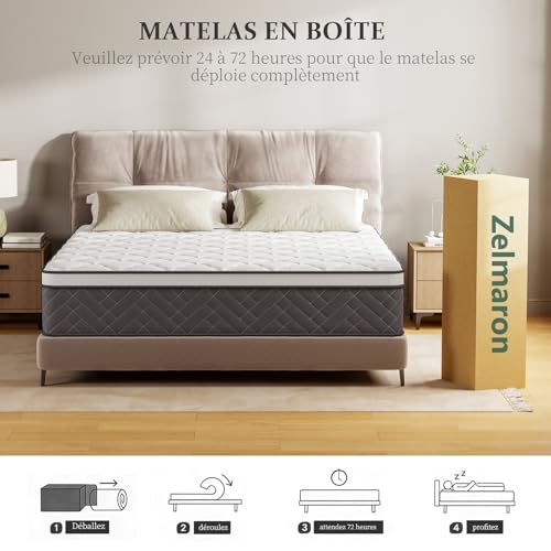 Zelmaron Matelas 140x200 cm, Épaisseur 25cm, Hybride Matelas, Matelas à Ressorts Ensachés et à Mémoire de Forme, H3 Moyenne Ferme, 7 Zones de Confort, Respirant, Soutien Parfait