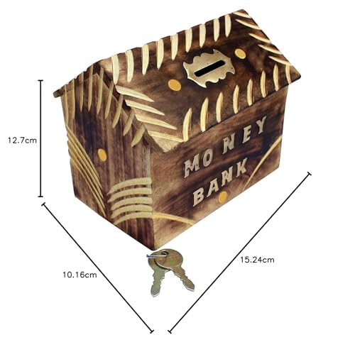 WOOD ART STORE Wooden Brown Money/Piggy Bank, Money Box, Coin Box for Kids/Children with Lock (Design 4) 3