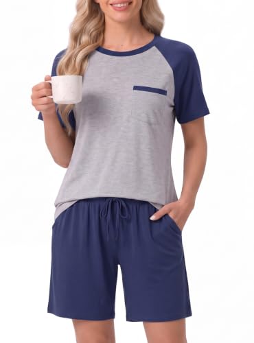 PrinStory Womens Pajamas Set Tops and Shorts Comfy Sleepwear Navy Blue M at Amazon