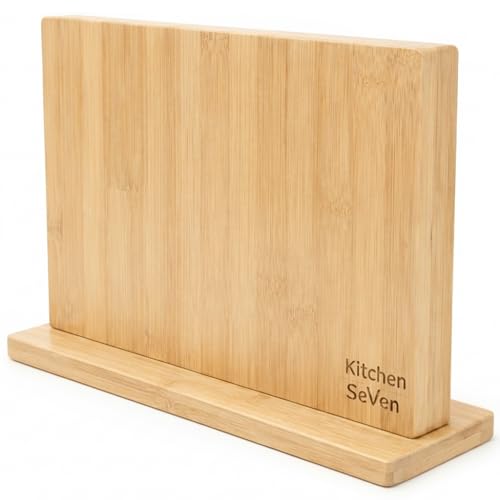 Kitchen Seven Magnetic Knife Block with 18 COREVA™ Magnetic Plates – Double Sided Bamboo Knife Holder, Engineered Full-Surface Magnetic System for All Knives & Scissors, Countertop Storage Organizer