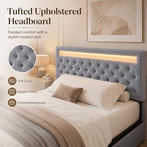 Queen Size LED Bed Frame with Adjustable Upholstered Headboard, LED Light Headboard Footboard, 4 Underbed Drawers, Wooden Slats Support, Metal Platform Bed Frame, No Box Spring Needed, Velvet Grey