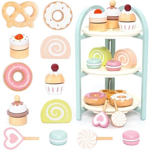 Wooden Cake Stand Playset for Kids – 21-Piece Pretend Play Food Toy with Cupcakes, Donuts, Macarons – Afternoon Tea & Desserts - Montessori-Inspired Wooden Toy for Toddlers & Role Play