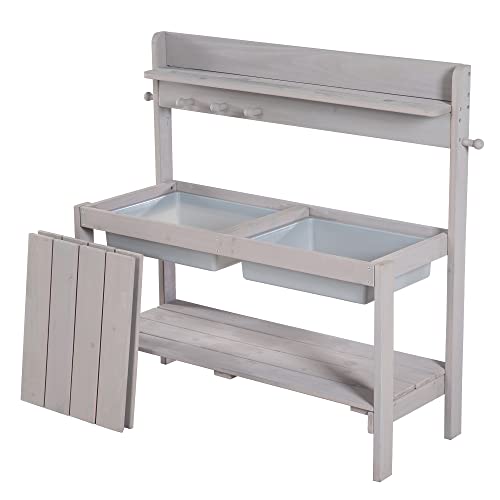 roba Children's Kitchen Sand and Water Fun – Multifunctional – Outdoor Table for Outdoor Activities with 2 Tubs – Lid in Solid Wood Lacquered Grey